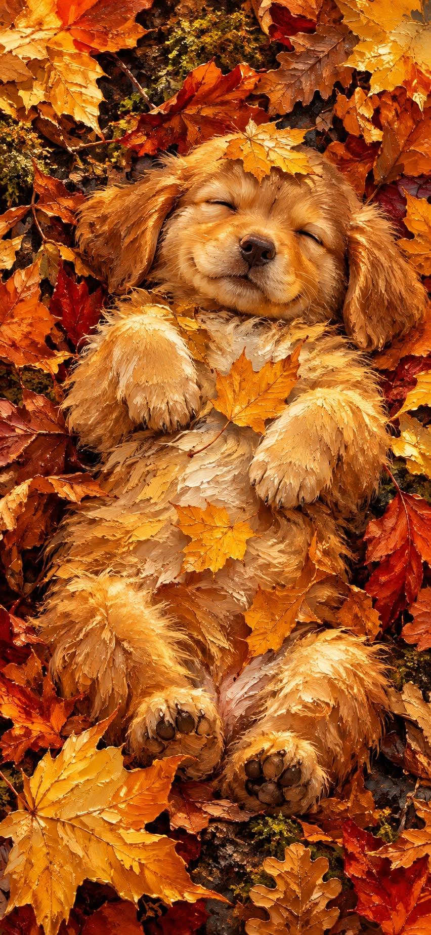 Cute Puppy Autumn Wallpaper Sleeping in Colorful Fall Leaves
