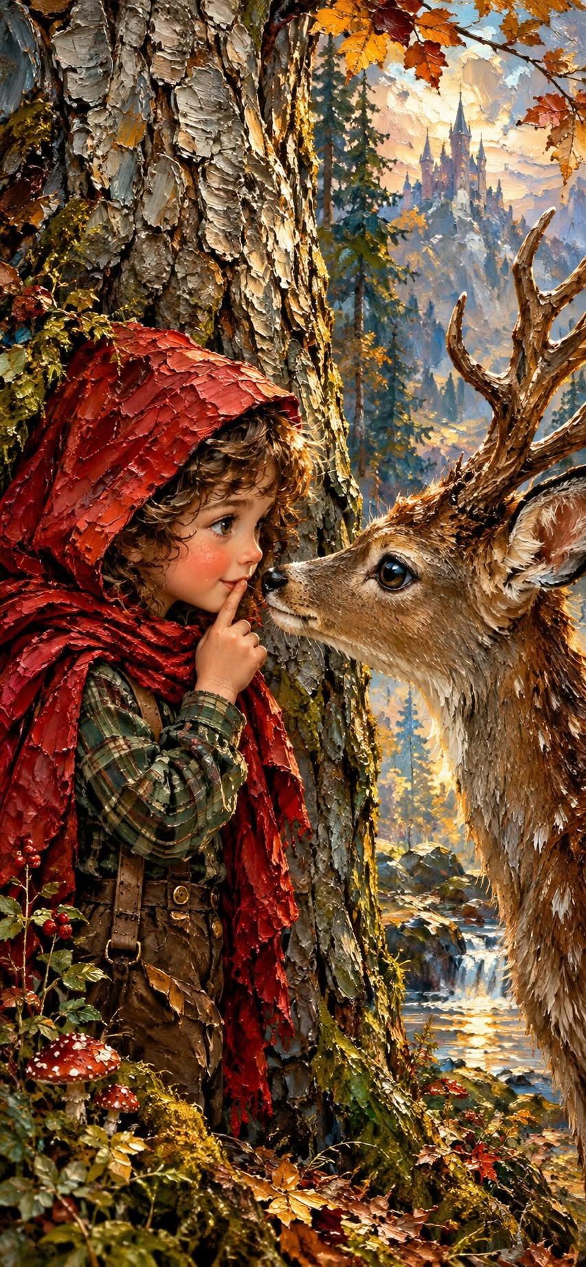 Fairytale Forest Wallpaper with Red Hooded Child and Deer