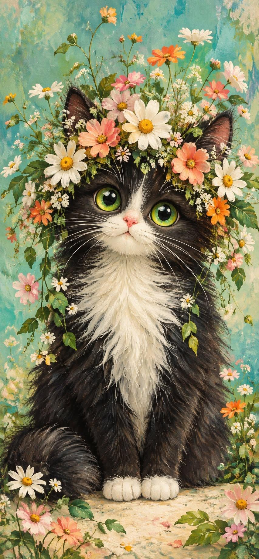 Cute Fluffy Cat Wallpaper with Flower Crown on Teal Painted Background