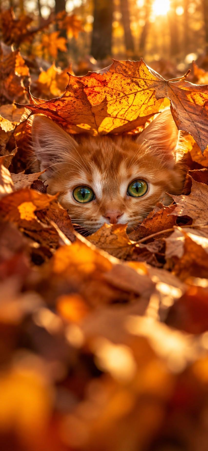 Cute Ginger Kitten Autumn Wallpaper Hiding in Golden Fall Leaves