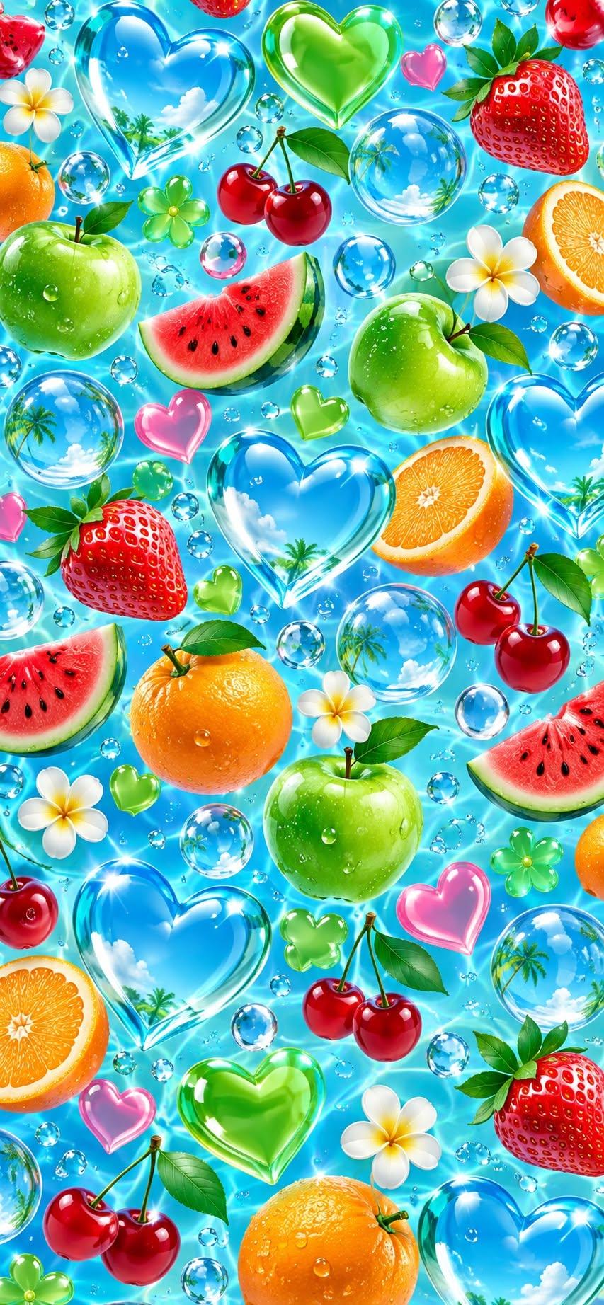 Frutiger Aero Fruit Wallpaper with Glassy Hearts and Bubbles on Blue Water