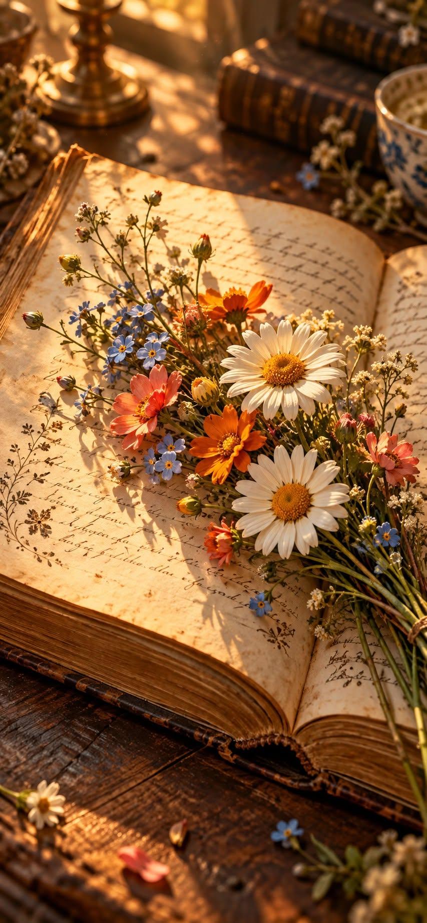 Vintage Wildflower Wallpaper on Old Handwritten Book in Golden Light