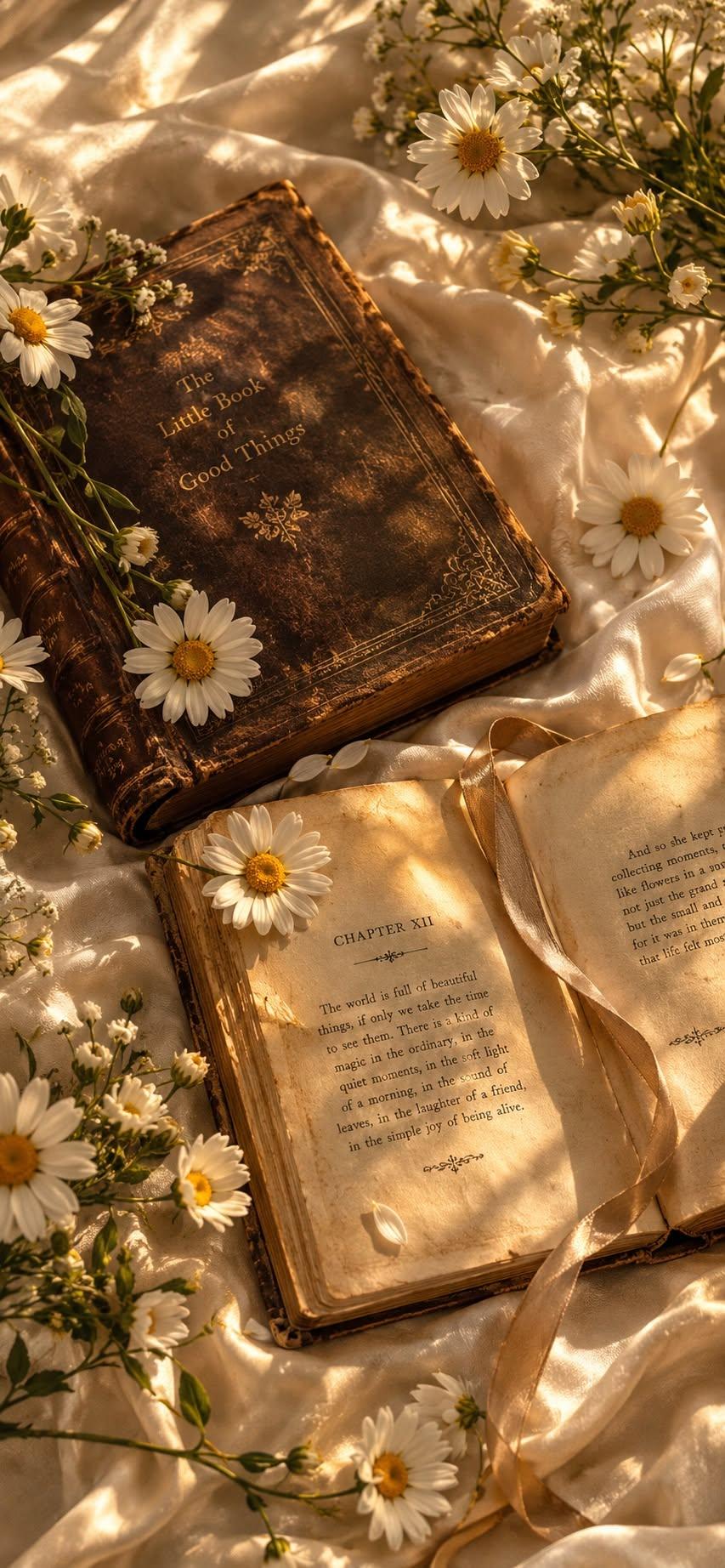 Vintage Book and Daisy Wallpaper on Soft Golden Silk