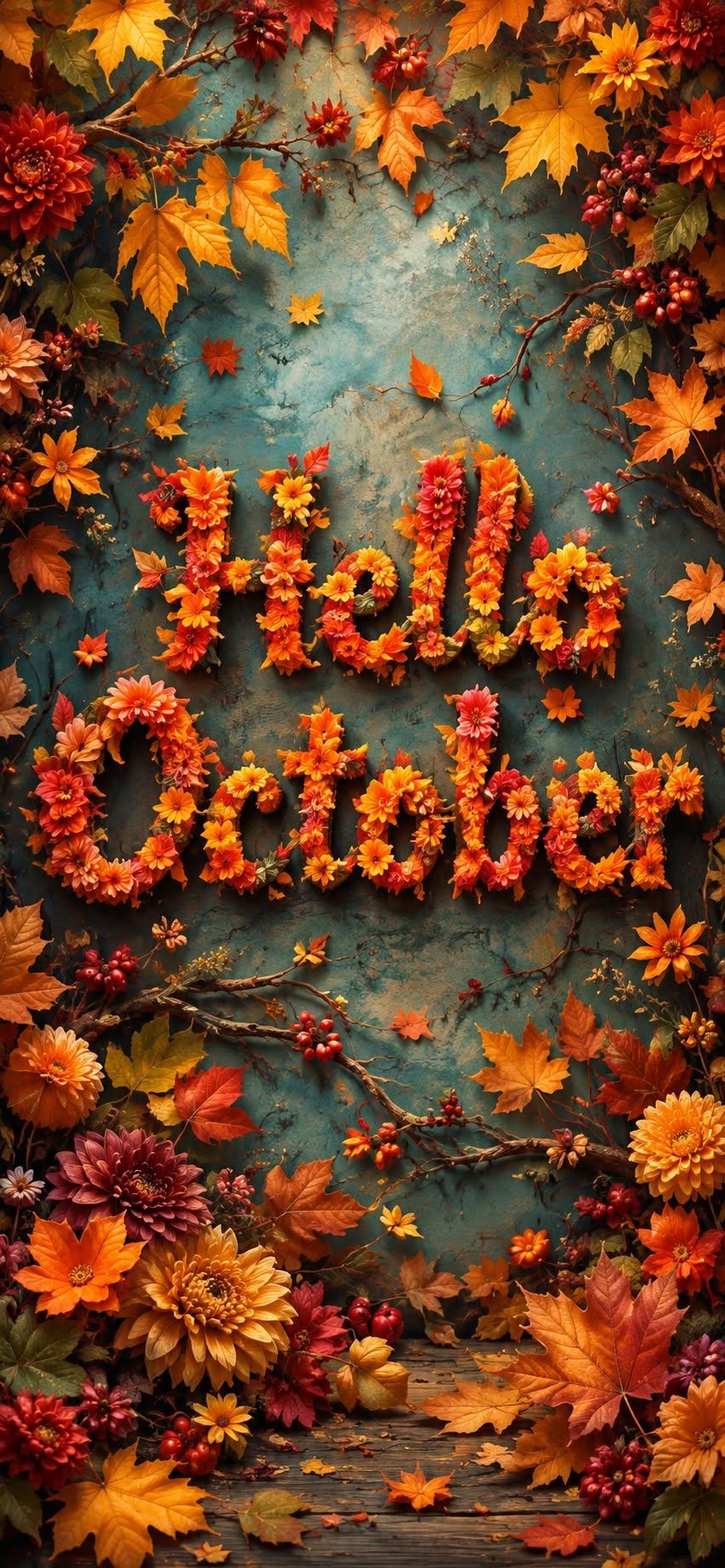 Hello October Wallpaper with Autumn Flowers and Maple Leaves