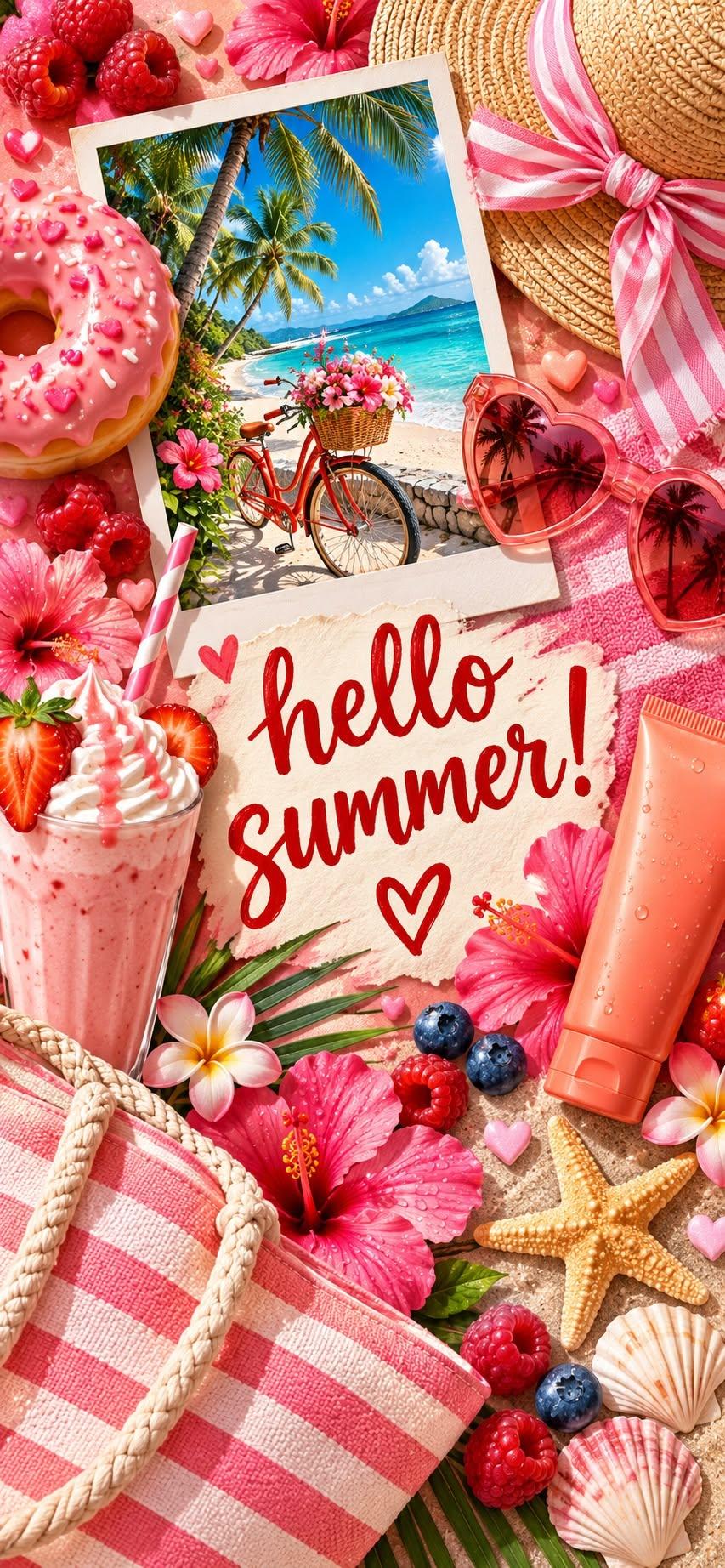 Hello Summer Pink Beach Wallpaper with Hibiscus Flowers and Strawberry Shake