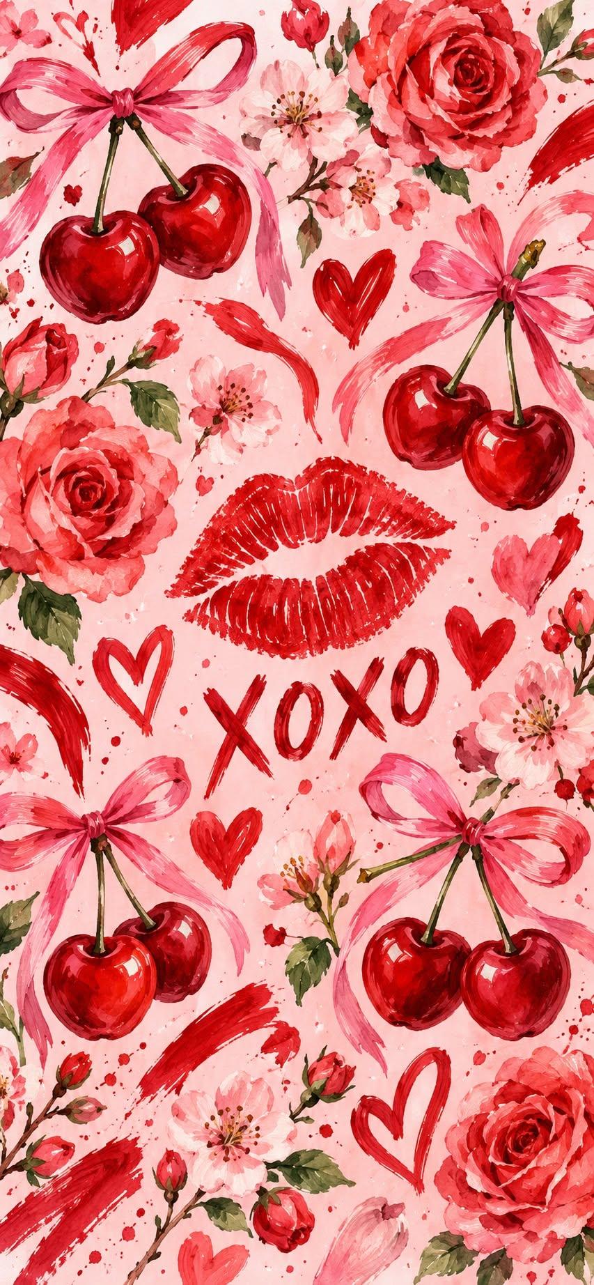 XOXO Cherry Wallpaper with Pink Bows, Roses and Red Lips