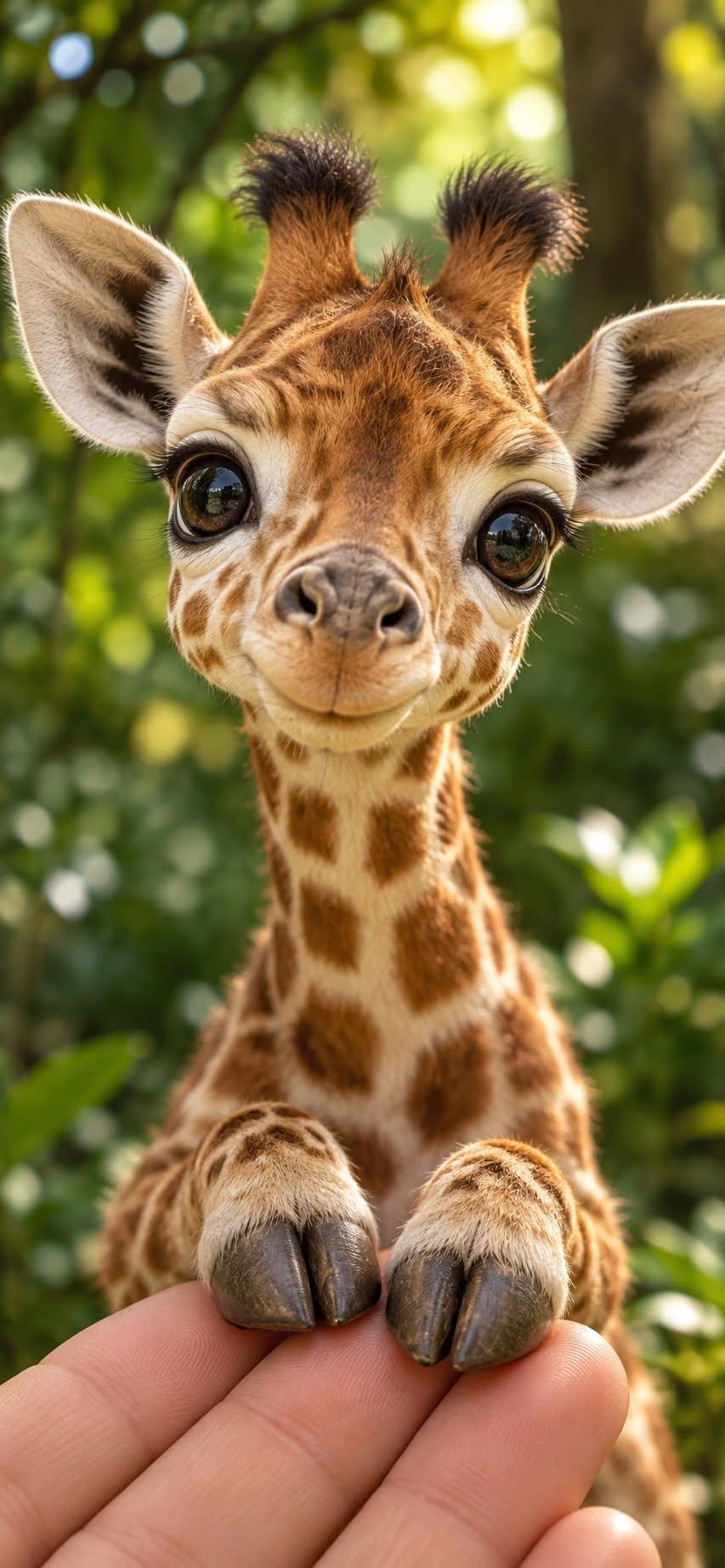 Cute Tiny Baby Giraffe Wallpaper Sitting on a Hand in Sunny Forest