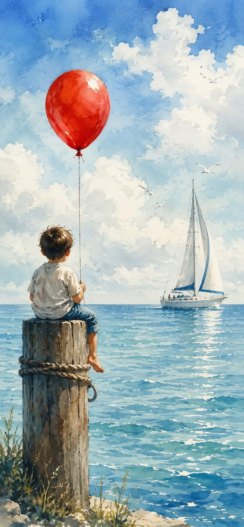 Watercolor Boy Wallpaper with Red Balloon Watching a Sailboat at Sea