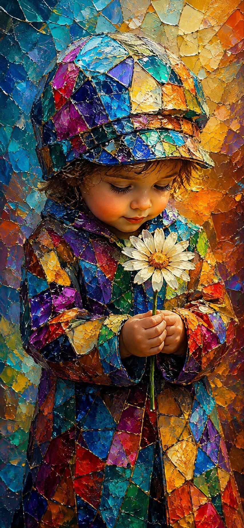 Colorful Mosaic Child Wallpaper Holding a White Daisy in Stained Glass Style