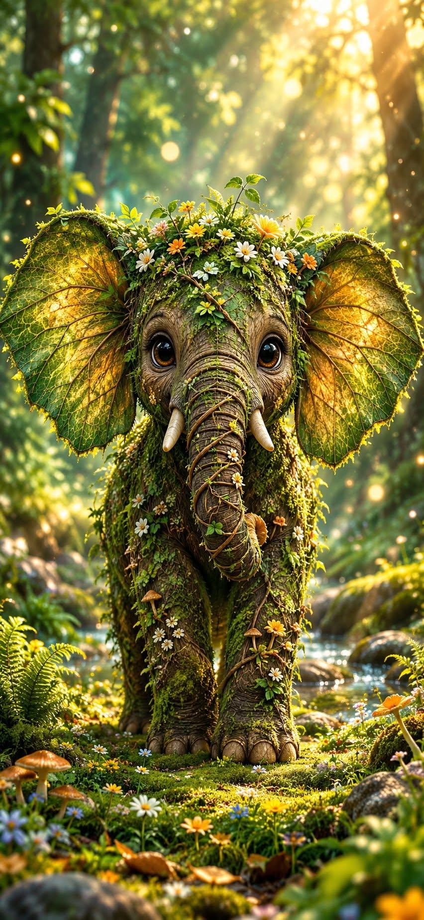 Magical Forest Elephant Wallpaper with Leaf Ears and Wildflowers