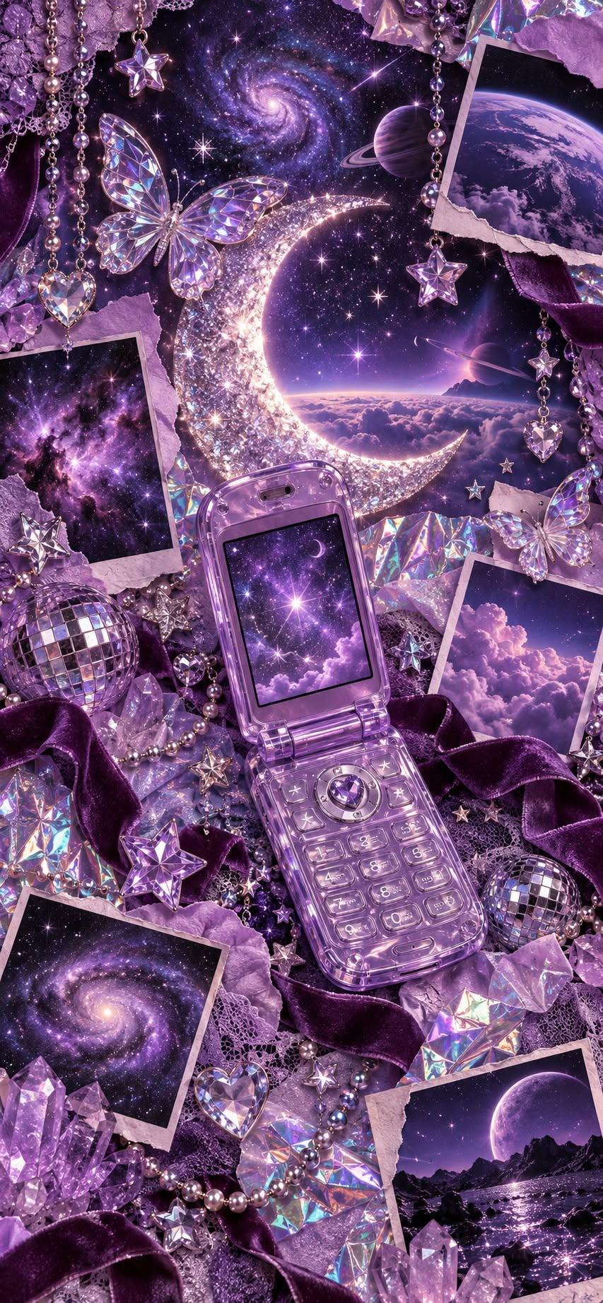 Purple Galaxy Aesthetic Wallpaper with Flip Phone, Crystal Moon and Butterflies