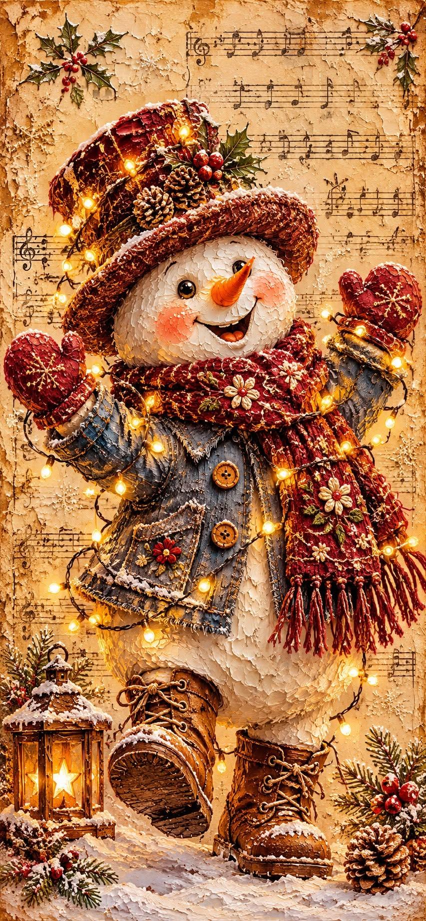 Vintage Christmas Snowman Wallpaper with Warm Lights and Old Music Paper